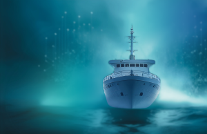 Modern cargo ship sailing through digital ocean with abstract data visualization in background