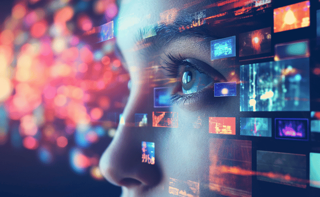 Face with digital screens overlay symbolizing communication tech