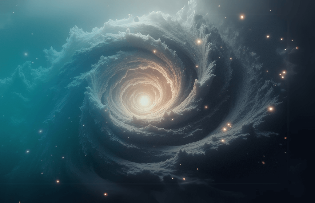 Swirling vortex of light and cloud-like formations with glowing particles, representing cosmic energy or data flow