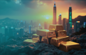 Stack of gold bars on rocky surface with modern city skyline and sunset in the background